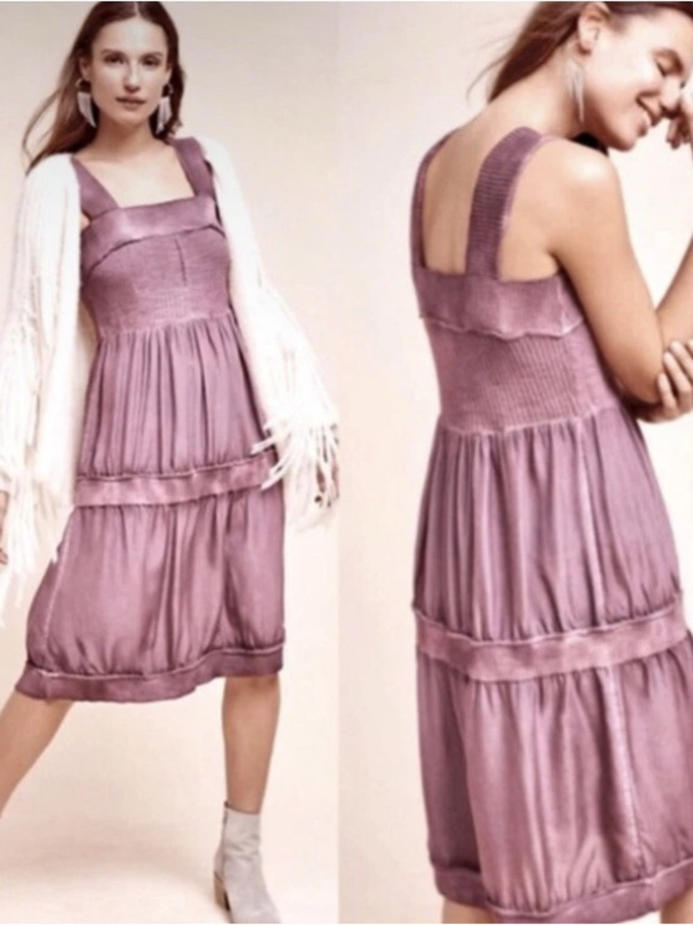 Anthropologie E by Eloise Silk Sweater Trim Tiered Midi Boho Dress Distressed XS
